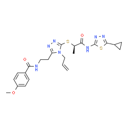 ChemSpider 2D Image | N-{2-[4-Allyl-5-({(2R)-1-[(5-cyclopropyl-1,3,4-thiadiazol-2-yl)amino]-1-oxo-2-propanyl}sulfanyl)-4H-1,2,4-triazol-3-yl]ethyl}-4-methoxybenzamide | C23H27N7O3S2