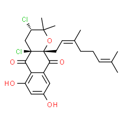ChemSpider 2D Image | (3S,4aS,10aR)-3,4a-Dichloro-10a-[(2Z)-3,7-dimethyl-2,6-octadien-1-yl]-6,8-dihydroxy-2,2-dimethyl-3,4,4a,10a-tetrahydro-2H-benzo[g]chromene-5,10-dione | C25H30Cl2O5