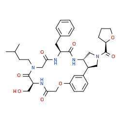 ChemSpider 2D Image | (2R,6S,9S,15S)-9-Benzyl-15-(hydroxymethyl)-13-(3-methylbutyl)-4-[(2R)-tetrahydro-2-furanylcarbonyl]-19-oxa-4,7,10,13,16-pentaazatricyclo[18.3.1.0~2,6~]tetracosa-1(24),20,22-triene-8,11,14,17-tetrone | C36H47N5O8