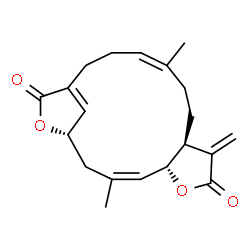 ChemSpider 2D Image | (1S,3Z,5R,9S,12Z)-3,12-Dimethyl-8-methylene-6,18-dioxatricyclo[14.2.1.0~5,9~]nonadeca-3,12,16(19)-triene-7,17-dione | C20H24O4