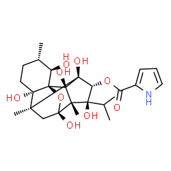 ChemSpider 2D Image | (1R,2R,3S,6S,7S,9S,10S,11S,12R,13R,14R)-2,6,9,11,13,14-Hexahydroxy-11-isopropyl-3,7,10-trimethyl-15-oxapentacyclo[7.5.1.0~1,6~.0~7,13~.0~10,14~]pentadec-12-yl 1H-pyrrole-2-carboxylate | C25H35NO9