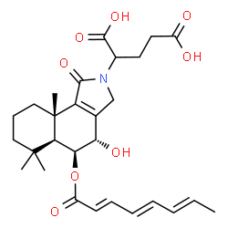ChemSpider 2D Image | 2-{(4S,5S,5aS,9aS)-4-Hydroxy-6,6,9a-trimethyl-5-[(2E,4E,6E)-2,4,6-octatrienoyloxy]-1-oxo-1,3,4,5,5a,6,7,8,9,9a-decahydro-2H-benzo[e]isoindol-2-yl}pentanedioic acid | C28H37NO8