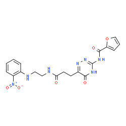 ChemSpider 2D Image | N-{6-[3-({2-[(2-Nitrophenyl)amino]ethyl}amino)-3-oxopropyl]-5-oxo-4,5-dihydro-1,2,4-triazin-3-yl}-2-furamide | C19H19N7O6