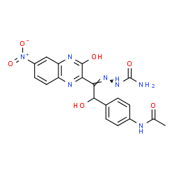 ChemSpider 2D Image | (2Z)-2-[2-(4-Acetamidophenyl)-2-hydroxy-1-(3-hydroxy-6-nitro-2-quinoxalinyl)ethylidene]hydrazinecarboxamide | C19H17N7O6