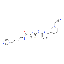 ChemSpider 2D Image | 2-({6-[1-(Cyanomethyl)-3-piperidinyl]-2-pyridinyl}amino)-N-[4-(1H-imidazol-1-yl)butyl]-1,3-thiazole-4-carboxamide | C23H28N8OS