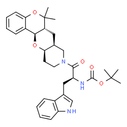 ChemSpider 2D Image | 2-Methyl-2-propanyl [(2S)-1-[(6aR,7aS,11aR,12aR)-6,6-dimethyl-6a,7a,10,11,11a,12a-hexahydro-6H,7H-chromeno[3',4':5,6]pyrano[3,2-c]pyridin-9(8H)-yl]-3-(1H-indol-3-yl)-1-oxo-2-propanyl]carbamate | C33H41N3O5