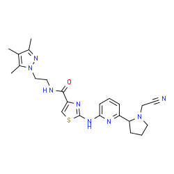 ChemSpider 2D Image | 2-({6-[1-(Cyanomethyl)-2-pyrrolidinyl]-2-pyridinyl}amino)-N-[2-(3,4,5-trimethyl-1H-pyrazol-1-yl)ethyl]-1,3-thiazole-4-carboxamide | C23H28N8OS