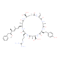 ChemSpider 2D Image | (2Z,5R,8S,11R,12S,15S,18S,19S,22R)-15-{3-[(Diaminomethylene)amino]propyl}-2-ethylidene-8-[2-(4-hydroxyphenyl)ethyl]-18-[(1E,3E,5S,6S)-6-methoxy-3,5-dimethyl-7-phenyl-1,3-heptadien-1-yl]-5,12,19-trimet
hyl-3,6,9,13,16,20,25-heptaoxo-1,4,7,10,14,17,21-heptaazacyclopentacosane-11,22-dicarboxylic acid | C53H74N10O13