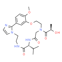 ChemSpider 2D Image | (11R)-15-[(2R)-2-Hydroxypropanoyl]-11-isopropyl-20-methoxy-18-oxa-3,6,9,12,15-pentaazatricyclo[17.3.1.0~2,6~]tricosa-1(23),2,4,19,21-pentaene-10,13-dione | C24H33N5O6