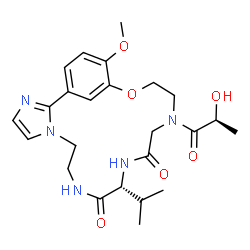 ChemSpider 2D Image | (11R)-15-[(2S)-2-Hydroxypropanoyl]-11-isopropyl-20-methoxy-18-oxa-3,6,9,12,15-pentaazatricyclo[17.3.1.0~2,6~]tricosa-1(23),2,4,19,21-pentaene-10,13-dione | C24H33N5O6
