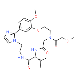 ChemSpider 2D Image | (11R)-11-Isopropyl-20-methoxy-15-(methoxyacetyl)-18-oxa-3,6,9,12,15-pentaazatricyclo[17.3.1.0~2,6~]tricosa-1(23),2,4,19,21-pentaene-10,13-dione | C24H33N5O6