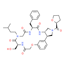ChemSpider 2D Image | (2R,6S,9S,15S)-9-Benzyl-15-(hydroxymethyl)-13-(3-methylbutyl)-4-[(2S)-tetrahydro-2-furanylcarbonyl]-19-oxa-4,7,10,13,16-pentaazatricyclo[18.3.1.0~2,6~]tetracosa-1(24),20,22-triene-8,11,14,17-tetrone | C36H47N5O8