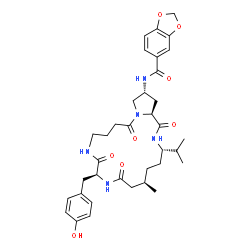 ChemSpider 2D Image | N-[(3S,6R,10S,19R,20aS)-10-(4-Hydroxybenzyl)-3-isopropyl-6-methyl-1,8,11,16-tetraoxoicosahydropyrrolo[2,1-c][1,4,9,12]tetraazacyclooctadecin-19-yl]-1,3-benzodioxole-5-carboxamide | C36H47N5O8