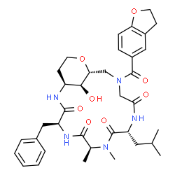 ChemSpider 2D Image | (1S,4S,7S,10R,16R,20S)-4-Benzyl-14-(2,3-dihydro-1-benzofuran-5-ylcarbonyl)-20-hydroxy-10-isobutyl-7,8-dimethyl-17-oxa-2,5,8,11,14-pentaazabicyclo[14.3.1]icosane-3,6,9,12-tetrone | C36H47N5O8