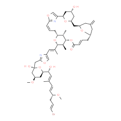 ChemSpider 2D Image | (1R,6Z,9R,11R,12R,13S,16E,19S,23R,25S,27R,31S)-11-{(1E)-1-[2-({(2S,4R,6R)-6-[(1R,2E,4E,6R,8E)-9-Bromo-1-hydroxy-6-methoxy-3-methyl-2,4,8-nonatrien-1-yl]-2-hydroxy-4-methoxytetrahydro-2H-pyran-2-yl}met
hyl)-1,3-oxazol-4-yl]-1-propen-2-yl}-27-hydroxy-12,31-dimethyl-21-methylene-4,10,14,29,30-pentaoxa-32-azapentacyclo[23.3.1.1~2,5~.1~9,13~.1~19,23~]dotriaconta-2,5(32),6,16-tetraen-15-one | C53H71BrN2O13