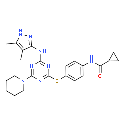 ChemSpider 2D Image | N-[4-({4-[(4,5-Dimethyl-1H-pyrazol-3-yl)amino]-6-(1-piperidinyl)-1,3,5-triazin-2-yl}sulfanyl)phenyl]cyclopropanecarboxamide | C23H28N8OS
