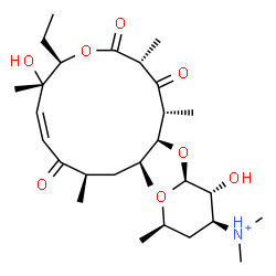 ChemSpider 2D Image | (3R,5R,6S,7S,9R,11Z,13S,14R)-14-Ethyl-13-hydroxy-3,5,7,9,13-pentamethyl-2,4,10-trioxooxacyclotetradec-11-en-6-yl 3,4,6-trideoxy-3-(dimethylammonio)-beta-D-xylo-hexopyranoside | C28H48NO8