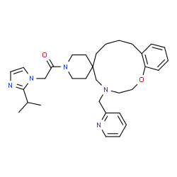 ChemSpider 2D Image | 2-(2-Isopropyl-1H-imidazol-1-yl)-1-[4-(2-pyridinylmethyl)-2,3,4,5,7,8,9,10-octahydro-1'H-spiro[1,4-benzoxazacyclododecine-6,4'-piperidin]-1'-yl]ethanone | C32H43N5O2