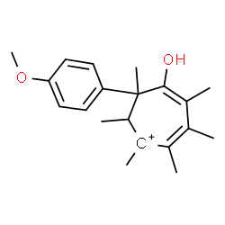 ChemSpider 2D Image | 5-Hydroxy-6-(4-methoxyphenyl)-1,2,3,4,6,7-hexamethyl-2,4-cycloheptadienylium | C20H27O2