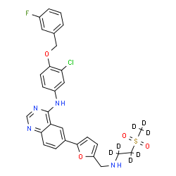 ChemSpider 2D Image | N-{3-Chloro-4-[(3-fluorobenzyl)oxy]phenyl}-6-{5-[({2-[(~2~H_3_)methylsulfonyl](~2~H_4_)ethyl}amino)methyl]-2-furyl}-4-quinazolinamine | C29H19D7ClFN4O4S