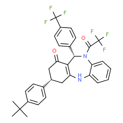 ChemSpider 2D Image | (3S,11S)-3-[4-(2-Methyl-2-propanyl)phenyl]-10-(trifluoroacetyl)-11-[4-(trifluoromethyl)phenyl]-2,3,4,5,10,11-hexahydro-1H-dibenzo[b,e][1,4]diazepin-1-one | C32H28F6N2O2