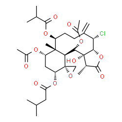 ChemSpider 2D Image | (1R,3aR,4S,8S,8aS,9S,11R,12R,12aS,13S,13aR)-9,13-Diacetoxy-4-chloro-13a-hydroxy-8-(isobutyryloxy)-1,8a-dimethyl-5-methylene-2-oxotetradecahydro-2H-spiro[benzo[4,5]cyclodeca[1,2-b]furan-12,2'-oxiran]-1
1-yl 3-methylbutanoate | C33H47ClO12