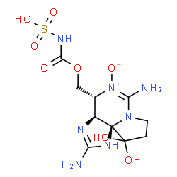 ChemSpider 2D Image | ({[(3aS,4R,10aS)-2,6-Diamino-10,10-dihydroxy-5-oxido-3a,4,9,10-tetrahydro-1H,8H-pyrrolo[1,2-c]purin-4-yl]methoxy}carbonyl)sulfamic acid | C10H17N7O8S