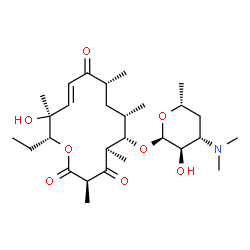 ChemSpider 2D Image | (3R,5R,6S,7S,9R,11E,13S,14R)-14-Ethyl-13-hydroxy-3,5,7,9,13-pentamethyl-2,4,10-trioxooxacyclotetradec-11-en-6-yl 3,4,6-trideoxy-3-(dimethylamino)-alpha-D-xylo-hexopyranoside | C28H47NO8