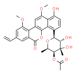 ChemSpider 2D Image | (6S)-3-O-Acetyl-2,6-anhydro-1-deoxy-6-(1-hydroxy-10,12-dimethoxy-6-oxo-8-vinyl-6H-dibenzo[c,h]chromen-4-yl)-4-C-methyl-L-glucitol | C30H30O10