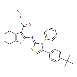 ChemSpider 2D Image | Ethyl 2-[(Z)-{4-[4-(2-methyl-2-propanyl)phenyl]-3-phenyl-1,3-thiazol-2(3H)-ylidene}amino]-4,5,6,7-tetrahydro-1-benzothiophene-3-carboxylate | C30H32N2O2S2