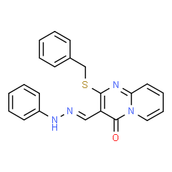 ChemSpider 2D Image | 2-(Benzylsulfanyl)-3-[(E)-(phenylhydrazono)methyl]-4H-pyrido[1,2-a]pyrimidin-4-one | C22H18N4OS