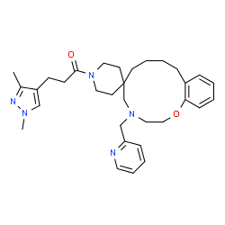 ChemSpider 2D Image | 3-(1,3-Dimethyl-1H-pyrazol-4-yl)-1-[4-(2-pyridinylmethyl)-2,3,4,5,7,8,9,10-octahydro-1'H-spiro[1,4-benzoxazacyclododecine-6,4'-piperidin]-1'-yl]-1-propanone | C32H43N5O2