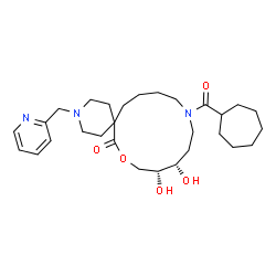 ChemSpider 2D Image | (10R,11S)-14-(Cycloheptylcarbonyl)-10,11-dihydroxy-3-(2-pyridinylmethyl)-8-oxa-3,14-diazaspiro[5.12]octadecan-7-one | C29H45N3O5