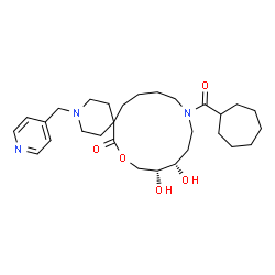 ChemSpider 2D Image | (10R,11S)-14-(Cycloheptylcarbonyl)-10,11-dihydroxy-3-(4-pyridinylmethyl)-8-oxa-3,14-diazaspiro[5.12]octadecan-7-one | C29H45N3O5