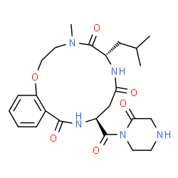 ChemSpider 2D Image | (6S,10S)-6-Isobutyl-4-methyl-10-[(2-oxo-1-piperazinyl)carbonyl]-3,4,6,7,10,11-hexahydro-2H-1,4,7,11-benzoxatriazacyclotetradecine-5,8,12(9H)-trione | C24H33N5O6