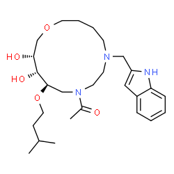 ChemSpider 2D Image | 1-[(11R,12R,13R)-12,13-Dihydroxy-6-(1H-indol-2-ylmethyl)-11-(3-methylbutoxy)-1-oxa-6,9-diazacyclotetradecan-9-yl]ethanone | C27H43N3O5
