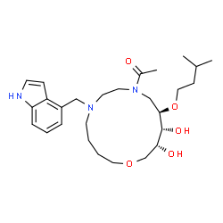 ChemSpider 2D Image | 1-[(11R,12R,13R)-12,13-Dihydroxy-6-(1H-indol-4-ylmethyl)-11-(3-methylbutoxy)-1-oxa-6,9-diazacyclotetradecan-9-yl]ethanone | C27H43N3O5