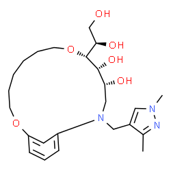 ChemSpider 2D Image | (4R,5R,6R)-6-[(1R)-1,2-Dihydroxyethyl]-2-[(1,3-dimethyl-1H-pyrazol-4-yl)methyl]-7,14-dioxa-2-azabicyclo[13.3.1]nonadeca-1(19),15,17-triene-4,5-diol | C24H37N3O6
