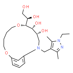 ChemSpider 2D Image | (8R,9R,10R)-8-[(1R)-1,2-Dihydroxyethyl]-12-[(1-ethyl-3,5-dimethyl-1H-pyrazol-4-yl)methyl]-2,7-dioxa-12-azabicyclo[11.3.1]heptadeca-1(17),13,15-triene-9,10-diol | C24H37N3O6