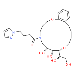 ChemSpider 2D Image | 1-[(7R,8R,9R)-9-[(1R)-1,2-Dihydroxyethyl]-7,8-dihydroxy-3,4,6,7,8,9,11,12,13,14-decahydro-1,10,5-benzodioxazacyclohexadecin-5(2H)-yl]-4-(1H-pyrazol-1-yl)-1-butanone | C26H39N3O7