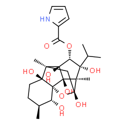 ChemSpider 2D Image | (1R,2R,3S,6S,7S,9R,10R,11R,12R,13S,14R)-2,6,9,11,13,14-Hexahydroxy-11-isopropyl-3,7,10-trimethyl-15-oxapentacyclo[7.5.1.0~1,6~.0~7,13~.0~10,14~]pentadec-12-yl 1H-pyrrole-2-carboxylate | C25H35NO9