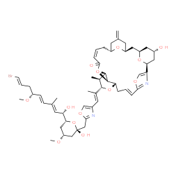 ChemSpider 2D Image | (1S,6E,9S,11S,12S,13S,19R,23S,25R,27S,31S)-11-{(1E)-1-[2-({(2S,4R,6R)-6-[(1S,2E,4E,6R,8E)-9-Bromo-1-hydroxy-6-methoxy-3-methyl-2,4,8-nonatrien-1-yl]-2-hydroxy-4-methoxytetrahydro-2H-pyran-2-yl}methyl)
-1,3-oxazol-4-yl]-1-propen-2-yl}-27-hydroxy-12,31-dimethyl-21-methylene-4,10,14,29,30-pentaoxa-32-azapentacyclo[23.3.1.1~2,5~.1~9,13~.1~19,23~]dotriaconta-2,5(32),6,16-tetraen-15-one | C53H71BrN2O13