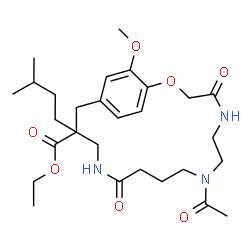 ChemSpider 2D Image | Ethyl 8-acetyl-19-methoxy-15-(3-methylbutyl)-4,12-dioxo-2-oxa-5,8,13-triazabicyclo[15.2.2]henicosa-1(19),17,20-triene-15-carboxylate | C28H43N3O7