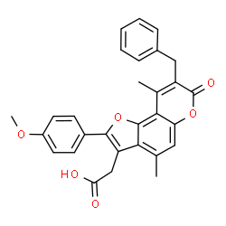 ChemSpider 2D Image | [8-Benzyl-2-(4-methoxyphenyl)-4,9-dimethyl-7-oxo-7H-furo[2,3-f]chromen-3-yl]acetic acid | C29H24O6