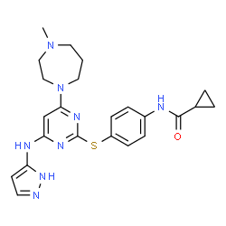 ChemSpider 2D Image | N-(4-{[4-(4-Methyl-1,4-diazepan-1-yl)-6-(1H-pyrazol-5-ylamino)-2-pyrimidinyl]sulfanyl}phenyl)cyclopropanecarboxamide | C23H28N8OS