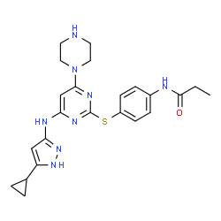 ChemSpider 2D Image | N-[4-({4-[(5-Cyclopropyl-1H-pyrazol-3-yl)amino]-6-(1-piperazinyl)-2-pyrimidinyl}sulfanyl)phenyl]propanamide | C23H28N8OS