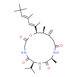 ChemSpider 2D Image | (6S,9S,14S,15R)-6-Isopropyl-7,9,14-trimethyl-13-methylene-15-[(2E,4E)-4,6,6-trimethyl-2,4-heptadien-2-yl]-1-oxa-4,7,10-triazacyclopentadecane-2,5,8,11-tetrone | C28H45N3O5