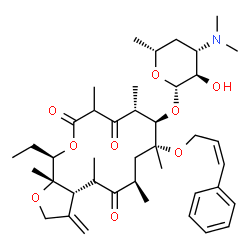 ChemSpider 2D Image | (3aR,6R,8R,9R,10R,15R,15aS)-9-{[(2S,3R,4S,6R)-4-(Dimethylamino)-3-hydroxy-6-methyltetrahydro-2H-pyran-2-yl]oxy}-15-ethyl-4,6,8,10,12,15a-hexamethyl-3-methylene-8-{[(2Z)-3-phenyl-2-propen-1-yl]oxy}octa
hydro-2H-furo[2,3-c]oxacyclotetradecine-5,11,13(3H,6H,12H)-trione | C41H61NO9