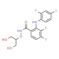ChemSpider 2D Image | N-[(1,3-Dihydroxy-2-propanyl)oxy]-3,4-difluoro-2-[(2-fluoro-4-iodophenyl)amino]benzamide | C16H14F3IN2O4