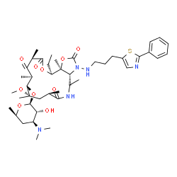 ChemSpider 2D Image | (3aR,7R,9S,10R,11R,13R,16S,16aS)-16-Ethyl-9-methoxy-4,7,9,11,13,16a-hexamethyl-2,6,12,14-tetraoxo-3-{[3-(2-phenyl-1,3-thiazol-5-yl)propyl]amino}hexadecahydro[1,3]oxazolo[5,4-c][1,6]oxazacyclopentadeci
n-10-yl 3,4,6-trideoxy-3-(dimethylamino)-beta-D-xylo-hexopyranoside | C43H65N5O10S